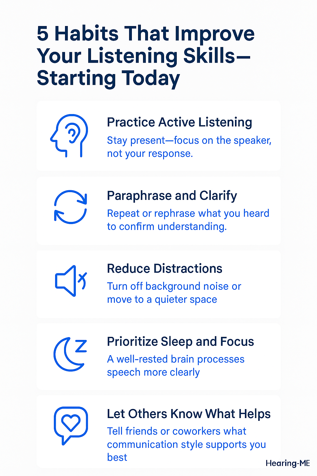 Infographic titled "5 Habits That Improve Your Listening Skills—Starting Today" displays five tips: Practice Active Listening, Paraphrase and Clarify, Reduce Distractions, Prioritize Sleep and Focus, and Let Others Know What Helps. Each habit is paired with a simple icon and clear explanation, using navy and electric blue tones. The "Hearing & Me" logo appears at the bottom right.