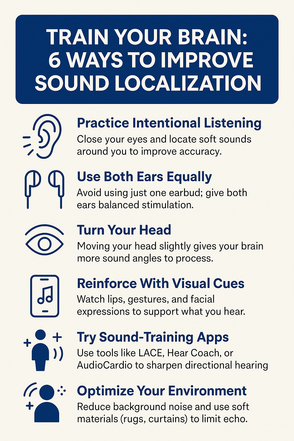 This infographic lists six tips in a vertical layout with corresponding icons in navy and electric blue. The title is prominently displayed at the top. The six tips are: “Practice Intentional Listening” (close your eyes and locate soft sounds), “Use Both Ears Equally” (avoid favoring one earbud), “Turn Your Head” (move to give your brain more sound angles), “Reinforce With Visual Cues” (use gestures and expressions to assist hearing), “Try Sound-Training Apps” (use apps like LACE or AudioCardio), and “Optimize Your Environment” (reduce background noise and use soft furnishings to limit echo). The infographic has a clean, supportive tone with a white background.