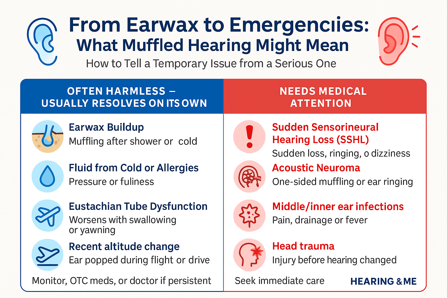 Infographic titled "From Earwax to Emergencies: What Muffled Hearing Might Mean — How to Tell a Temporary Issue from a Serious One" compares causes in two columns. Left side (blue) lists often harmless issues: Earwax Buildup, Fluid from Cold or Allergies, Eustachian Tube Dysfunction, and Recent Altitude Change, with brief symptom cues and note to monitor or see doctor if persistent. Right side (red) lists serious conditions needing medical attention: Sudden Sensorineural Hearing Loss (SSHL), Acoustic Neuroma, Middle/Inner Ear Infections, and Head Trauma, with urgent symptoms and a reminder to seek care. “Hearing & Me” logo at bottom-right.