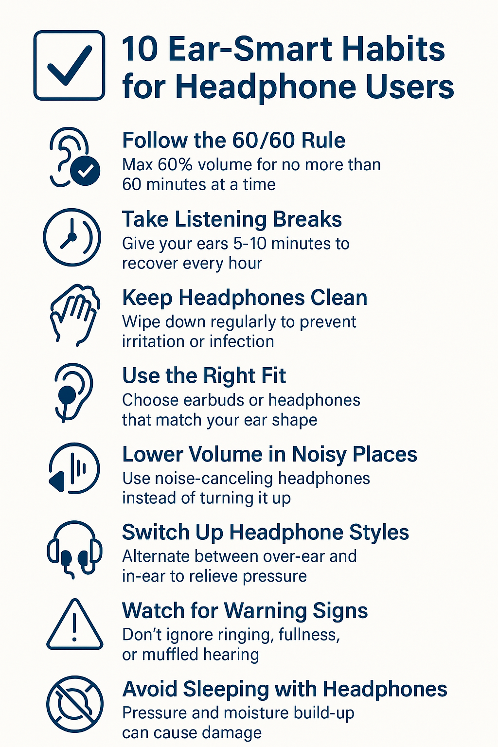 This infographic, titled “Headphones & Hearing: Know the Risks,” is divided into three main vertical sections, each using icons, charts, and callouts to visualize hearing risks from headphone use. The first section features a color-coded bar graph showing safe and dangerous decibel levels: green for 0–60 dB (safe), yellow for 61–85 dB (caution), and red for 85 dB and above (harmful), with a note that 60% volume on most devices equals about 80 dB. The second section uses a clock-themed graphic to explain the 60/60 rule—listening at no more than 60% volume for no more than 60 minutes at a time—and shows how extended exposure can lead to temporary threshold shift. The third section presents three icons with supporting data: tinnitus affects up to 1 in 5 headphone users, noise-induced hearing loss risk doubles with frequent exposure over 90 dB, and hidden hearing loss can occur even when standard hearing tests are passed. The infographic uses navy and electric blue for clarity, with a white background and a clean, modern design.