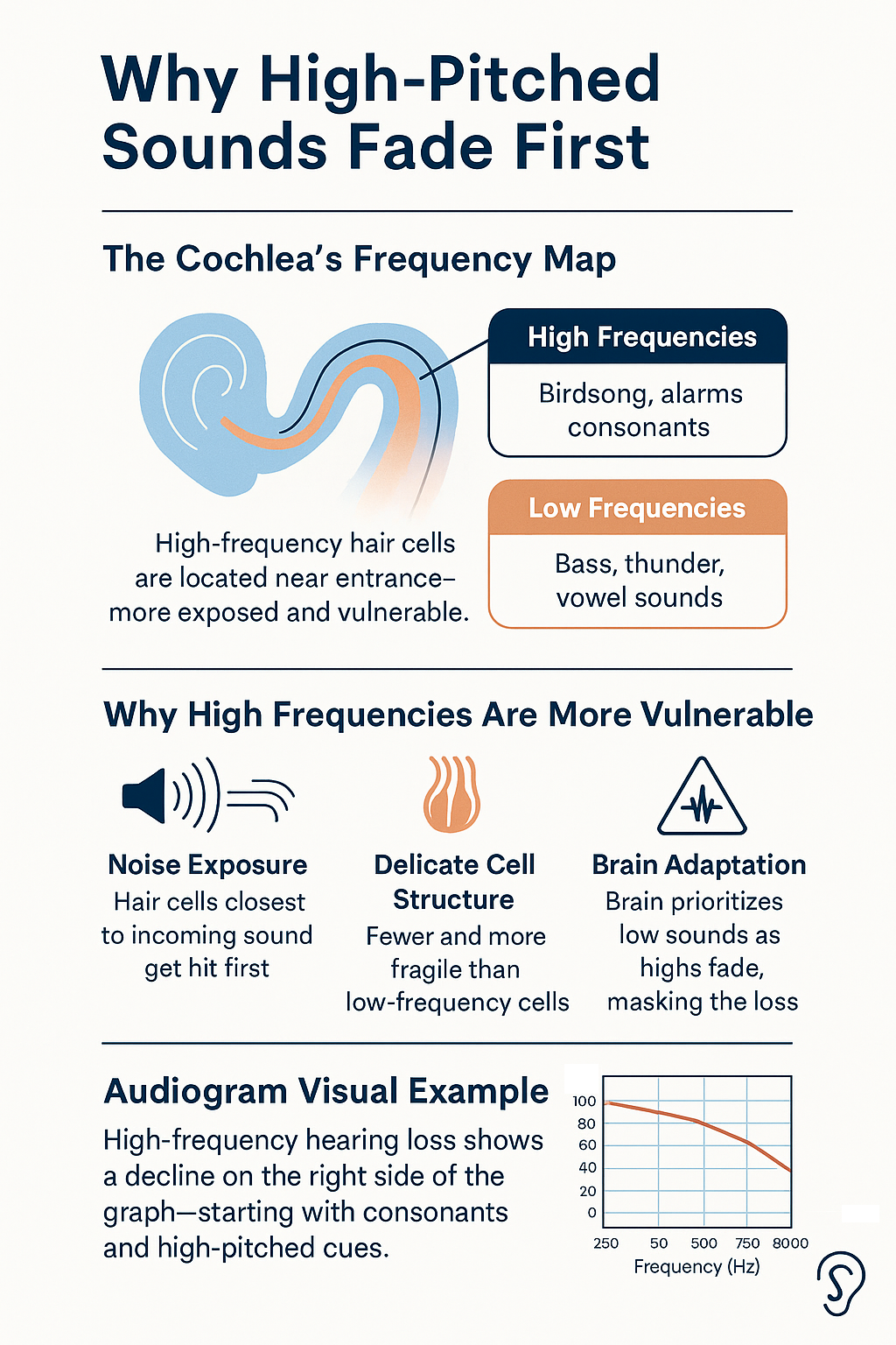 This infographic is organized into three sections. The first section, “The Cochlea’s Frequency Map,” features a diagram of the cochlea with labels showing that high frequencies (birdsong, alarms, consonants) are processed near the entrance, while low frequencies (bass, thunder, vowel sounds) are processed deeper inside. It explains that high-frequency hair cells are more exposed and thus more vulnerable. The second section, “Why High Frequencies Are More Vulnerable,” presents three icons with explanations: noise exposure damages the closest hair cells first, high-frequency cells are fewer and more fragile, and the brain masks high-frequency loss by emphasizing low sounds. The third section shows an audiogram with a downward-sloping red line on the right, illustrating how high-frequency hearing loss typically appears during hearing tests. The design uses navy and electric blue tones with orange highlights and includes a hearing icon in the bottom-right corner.