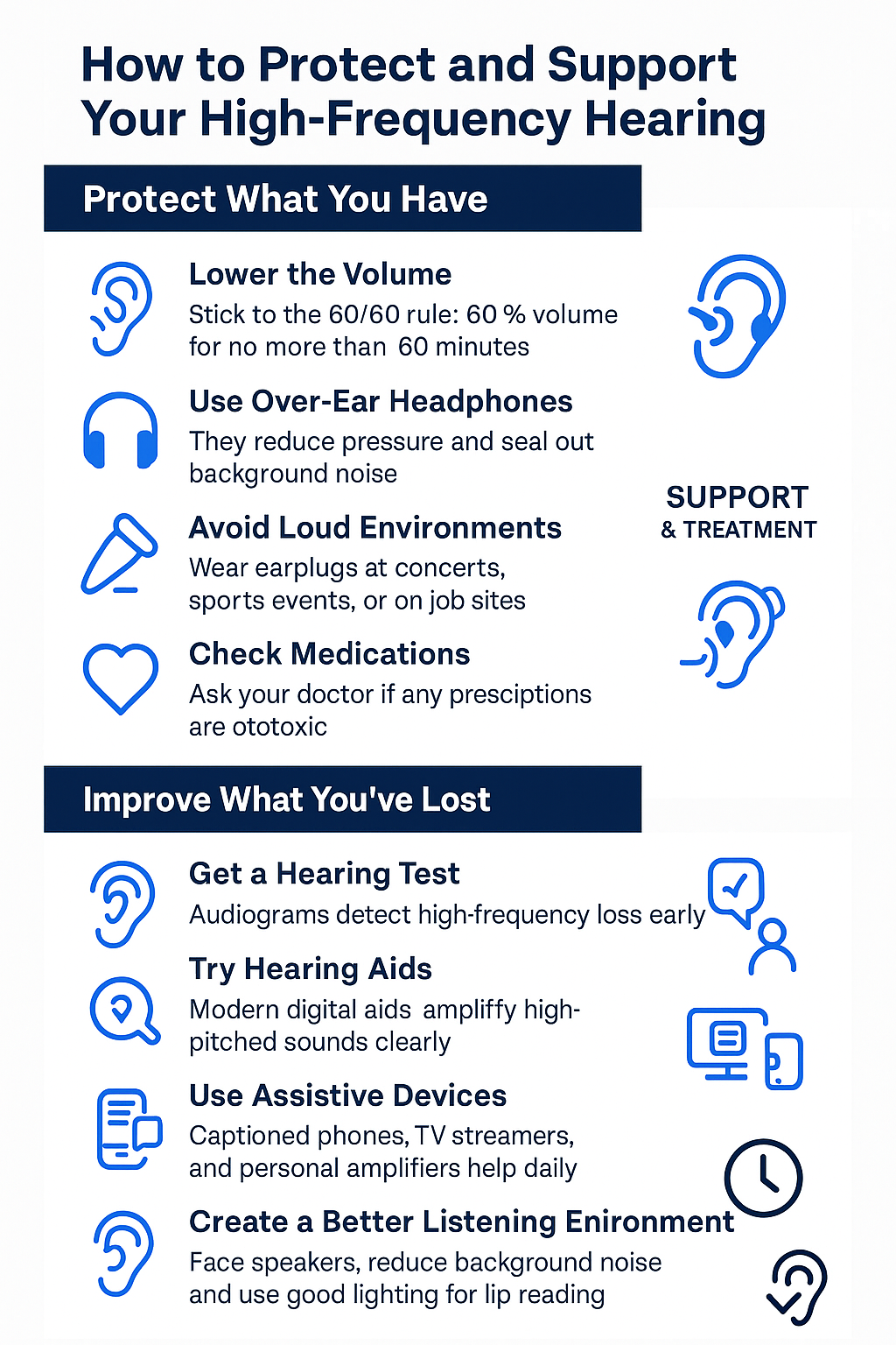 This vertical infographic is divided into two main sections. The first, labeled “Protect What You Have,” lists five prevention tips: lower the volume using the 60/60 rule, use over-ear headphones to reduce noise pressure, avoid loud environments by wearing earplugs, check medications for ototoxicity, and maintain overall health. The second section, “Improve What You’ve Lost,” includes five solutions: get a hearing test to detect high-frequency loss, try modern hearing aids that amplify high tones, use assistive devices like captioned phones or TV streamers, create a better listening environment with reduced background noise and good lighting, and seek help early to support brain adaptation. Each tip is paired with a blue icon, and the layout features navy and electric blue accents on a white background with a clean, supportive tone.