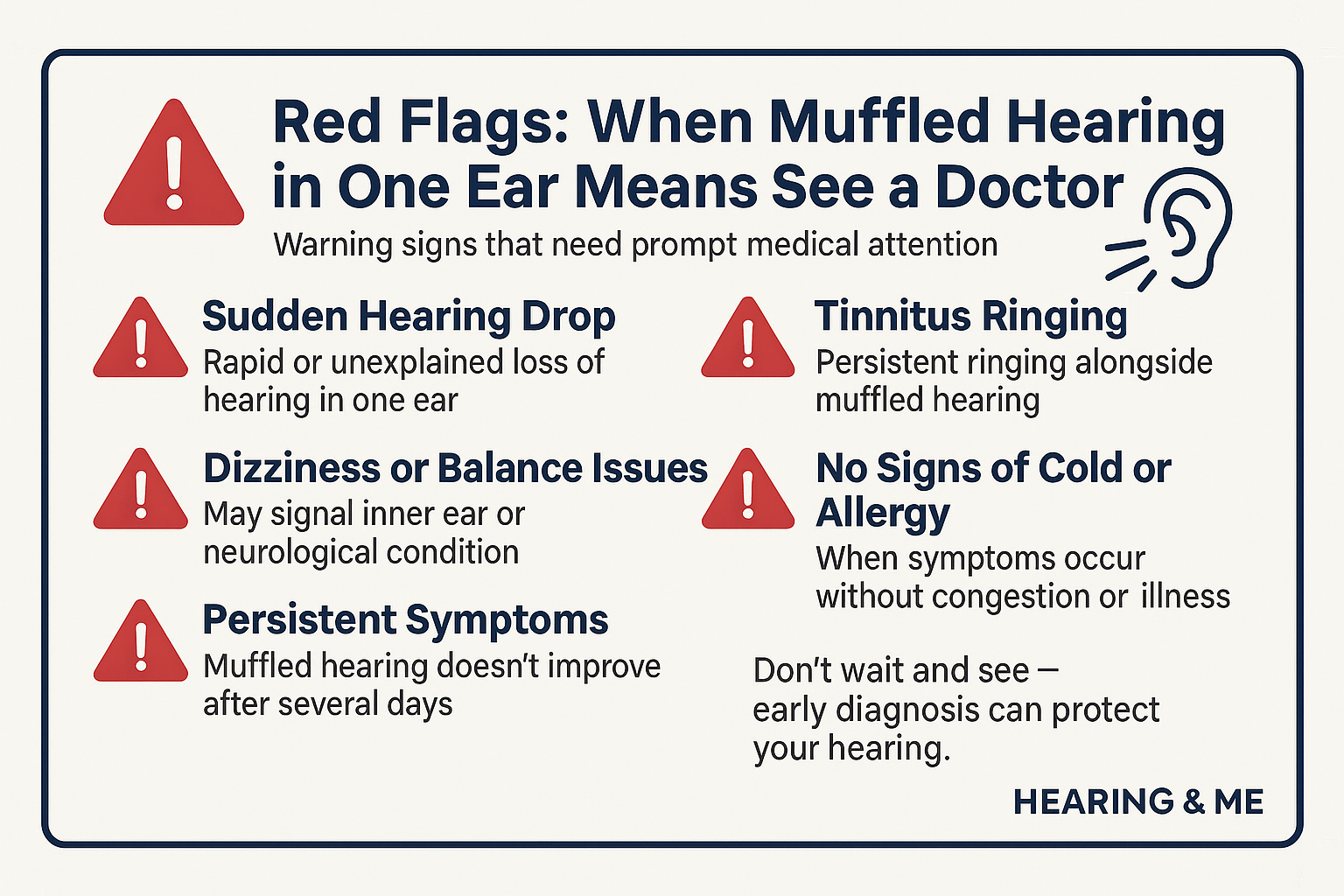 Infographic titled "Red Flags: When Muffled Hearing in One Ear Means See a Doctor" lists six warning signs with red alert icons: Sudden Hearing Drop (rapid or unexplained loss), Dizziness or Balance Issues (may signal inner ear or neurological condition), Persistent Symptoms (lasting several days), Tinnitus (persistent ringing), and No Signs of Cold or Allergy (muffled hearing without illness). The message at the bottom reads: “Don’t wait and see — early diagnosis can protect your hearing.” “Hearing & Me” logo is shown bottom-right.