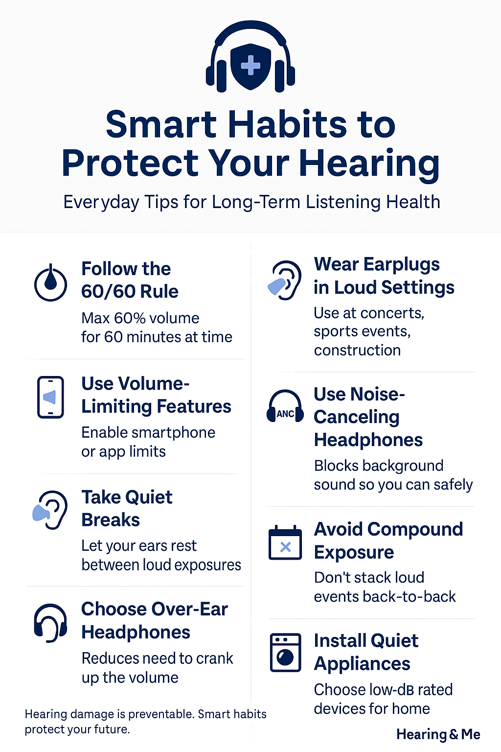 Infographic titled "Smart Habits to Protect Your Hearing: Everyday Tips for Long-Term Listening Health" features two columns of tips. Left column includes: Follow the 60/60 Rule (max 60% volume for 60 mins), Use Volume-Limiting Features, Take Quiet Breaks, and Choose Over-Ear Headphones. Right column includes: Wear Earplugs in Loud Settings, Use Noise-Canceling Headphones, Avoid Compound Exposure, and Install Quiet Appliances. Icons accompany each tip. Footer reads: "Hearing damage is preventable. Smart habits protect your future." Hearing & Me logo in bottom-right.
