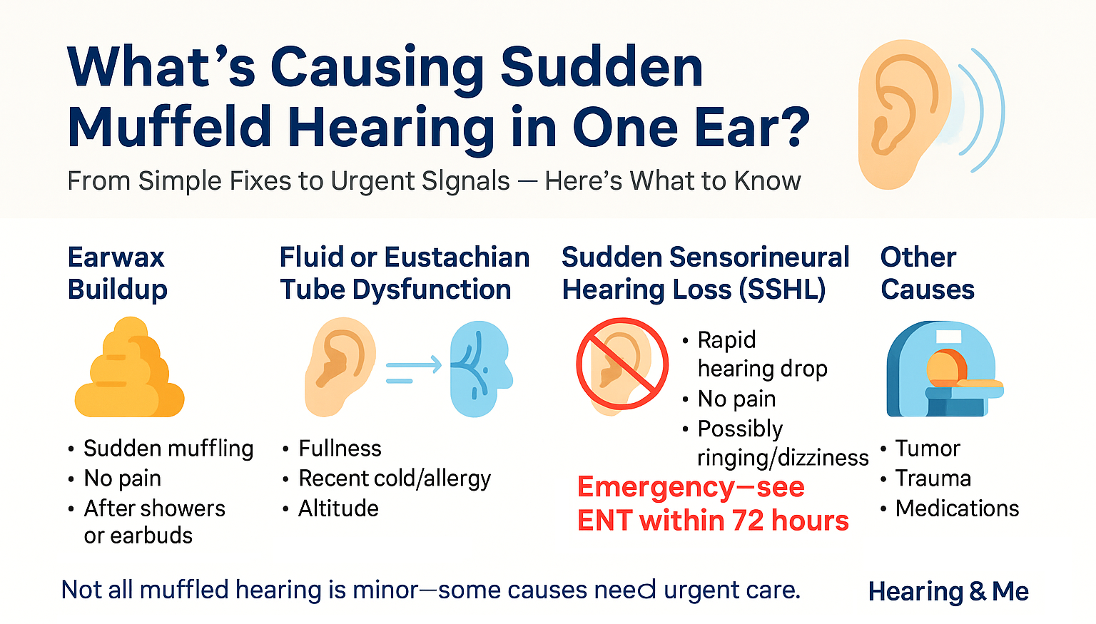 Infographic titled "What's Causing Sudden Muffled Hearing in One Ear? From Simple Fixes to Urgent Signals — Here’s What to Know" presents four illustrated causes: Earwax Buildup (sudden muffling, no pain, after showers/earbuds), Fluid or Eustachian Tube Dysfunction (fullness, recent cold/allergy, altitude), Sudden Sensorineural Hearing Loss – SSHL (rapid hearing drop, no pain, possibly ringing/dizziness, marked as emergency), and Other Causes (tumor, trauma, medications). Each block includes symptoms and what to do next. Footer text reads: “Not all muffled hearing is minor—some causes need urgent care.” Hearing & Me logo appears in the bottom-right.