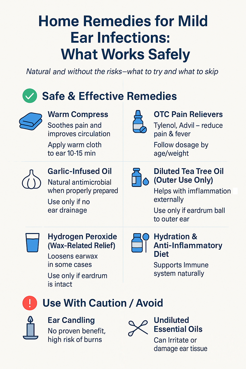 "Infographic titled 'Home Remedies for Mild Ear Infections: What Works Safely' is divided into two sections. The top section, labeled 'Safe & Effective Remedies,' includes:

Warm Compress – soothes pain, apply for 10–15 minutes

OTC Pain Relievers – Tylenol or Advil for pain and fever

Garlic-Infused Oil – natural antimicrobial, use only if no drainage

Diluted Tea Tree Oil (Outer Use Only) – helps with inflammation, apply to cotton ball

Hydrogen Peroxide (Wax-Related Relief) – loosens earwax, use only if eardrum is intact

Hydration & Anti-Inflammatory Diet – supports immune system
The bottom section, 'Use With Caution / Avoid,' lists:

Ear Candling – no proven benefit, risk of burns

Undiluted Essential Oils – may irritate or damage ear tissue
Each remedy is paired with a blue or red icon, with a clean layout and the Mayo Clinic logo in the corner."