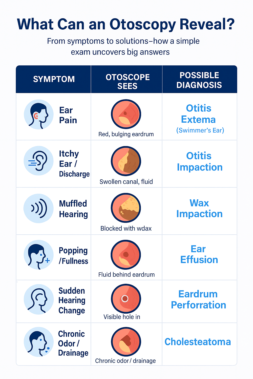nfographic titled 'What Can an Otoscopy Reveal?' features a three-column grid linking symptoms, otoscope findings, and possible diagnoses. Rows include:

'Ear Pain' → Red, bulging eardrum → Otitis Externa (Swimmer’s Ear)

'Itchy Ear / Discharge' → Swollen canal, fluid → Otitis

'Muffled Hearing' → Blocked with wax → Wax Impaction

'Popping / Fullness' → Fluid behind eardrum → Ear Effusion

'Sudden Hearing Change' → Visible hole in eardrum → Eardrum Perforation

'Chronic Odor / Drainage' → Chronic odor / drainage → Cholesteatoma
Icons and illustrations accompany each row. The design uses navy blue and electric blue for clarity and emphasis."