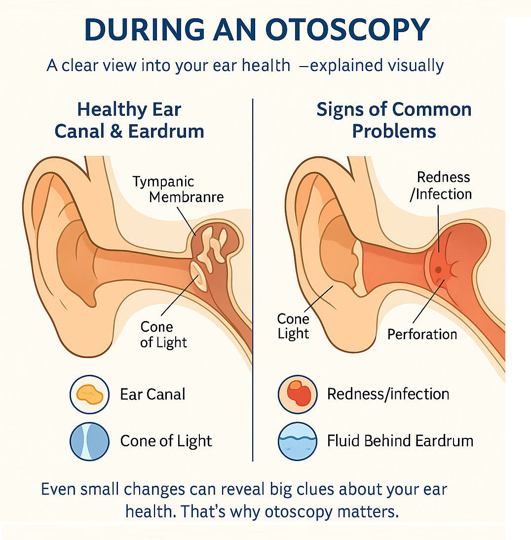 Infographic titled 'What Your Doctor Sees During an Otoscopy' shows a side-by-side comparison of a healthy ear and common ear problems. The left side illustrates a healthy ear canal and eardrum with labels for the tympanic membrane, cone of light, and clear ear canal. The right side shows signs of common problems including redness/infection, fluid behind the eardrum, and a perforation. Blue and orange icons highlight key elements. A footer reads: 'Even small changes can reveal big clues about your ear health. That’s why otoscopy matters