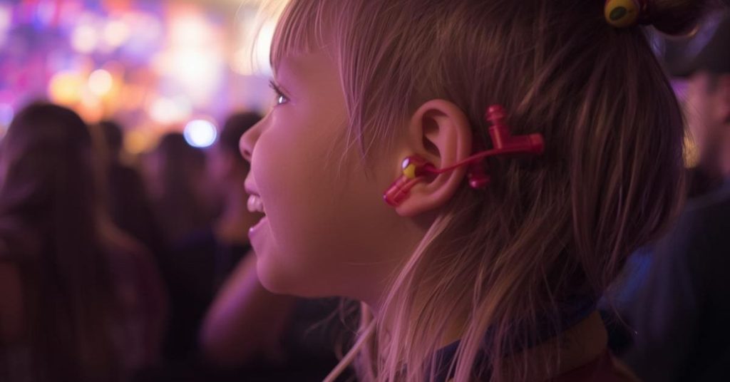 Child wearing safe, comfortable earplugs for hearing protection