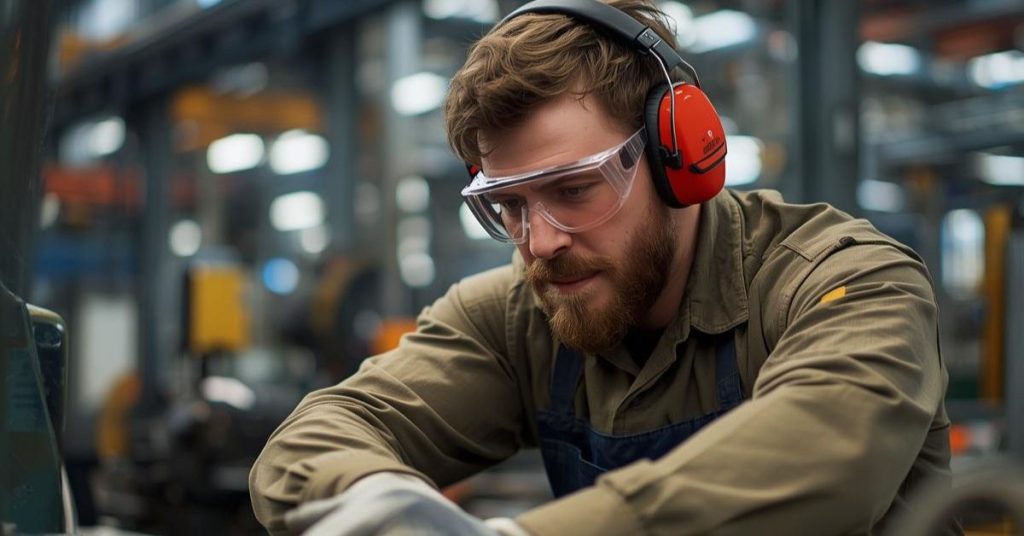 Industrial worker wearing hearing protection in a noisy environment
