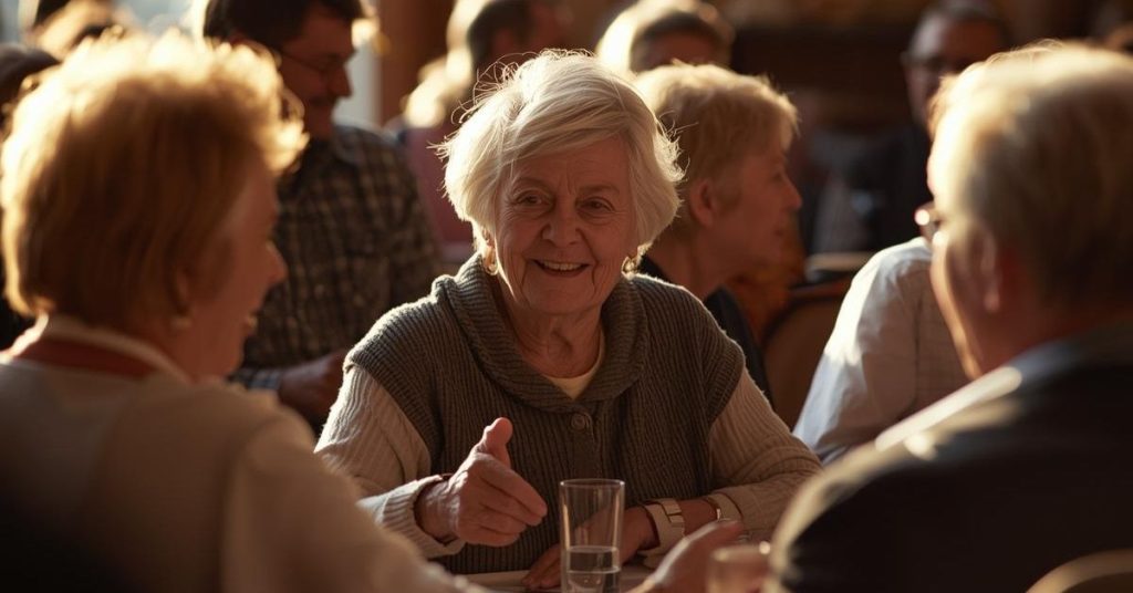 Older adult struggling to hear in a busy group conversation