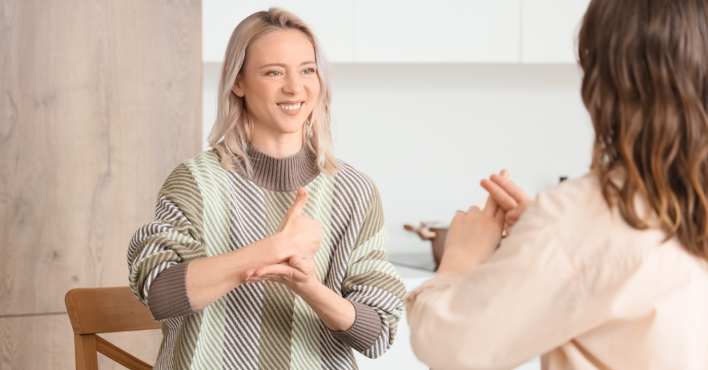 Scene from a film featuring a Deaf character using sign language