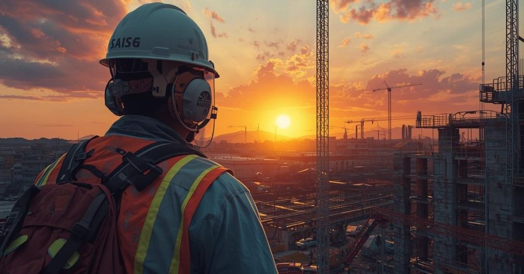 Worker using hearing protection in a noisy workplace