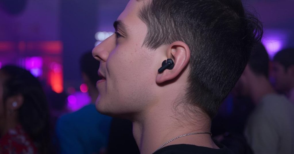 Person wearing earplugs at a loud nightclub