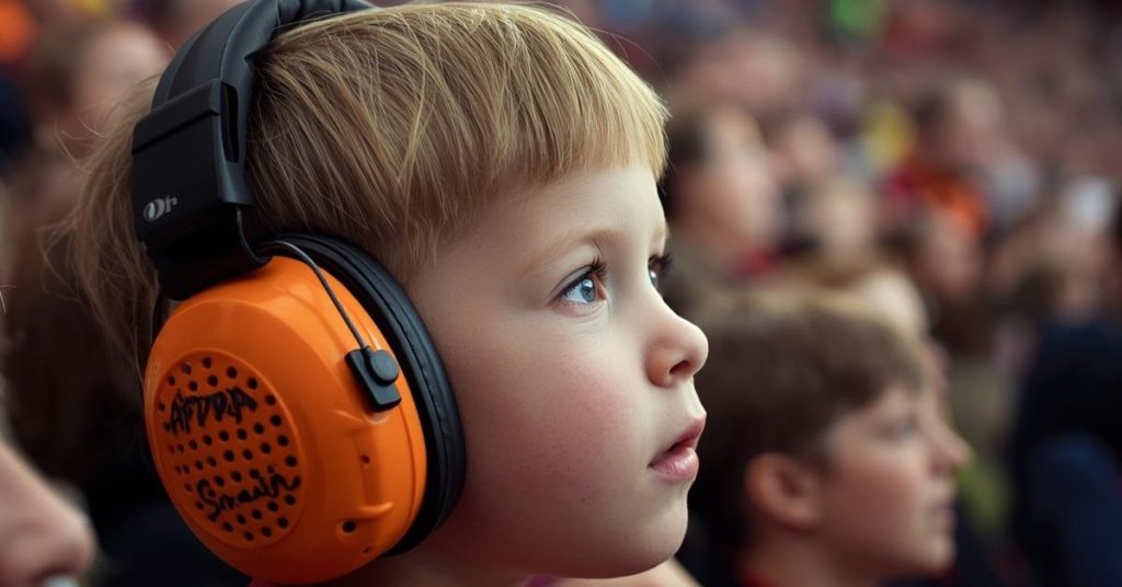 Child wearing hearing protection earmuffs at a loud event