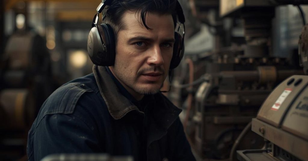 Factory worker wearing hearing protection to reduce noise exposure
