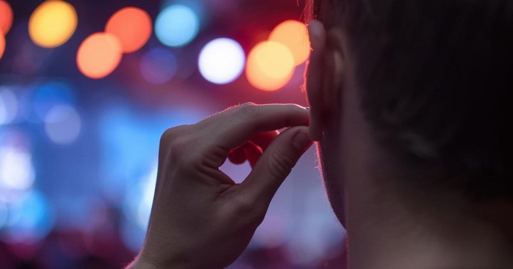 Older adult using earplugs to protect hearing at a live concert.