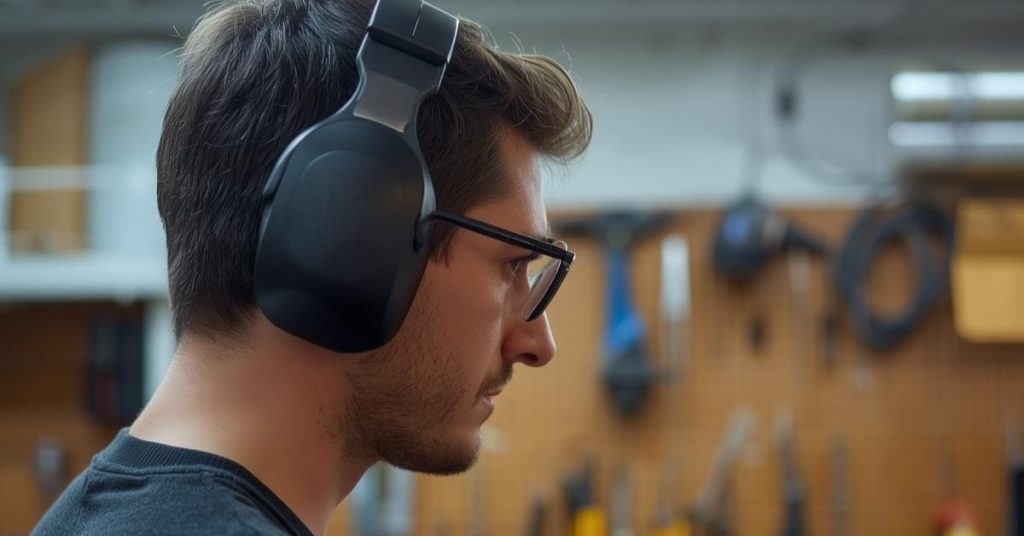 Senior adult wearing smart earmuffs to reduce background noise