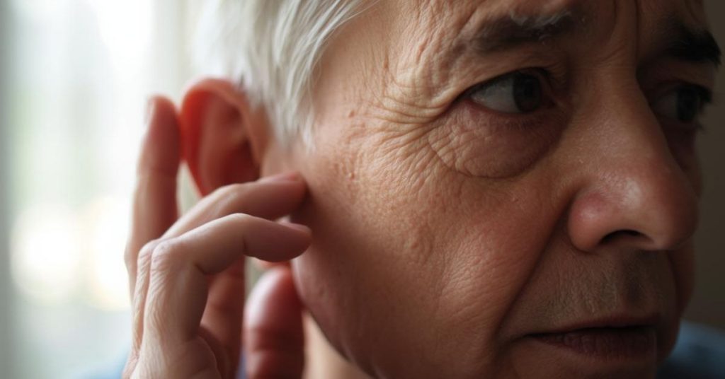 Older adult experiencing ear discomfort during stress