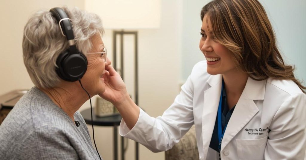 Older adult receiving a hearing evaluation from an audiologist