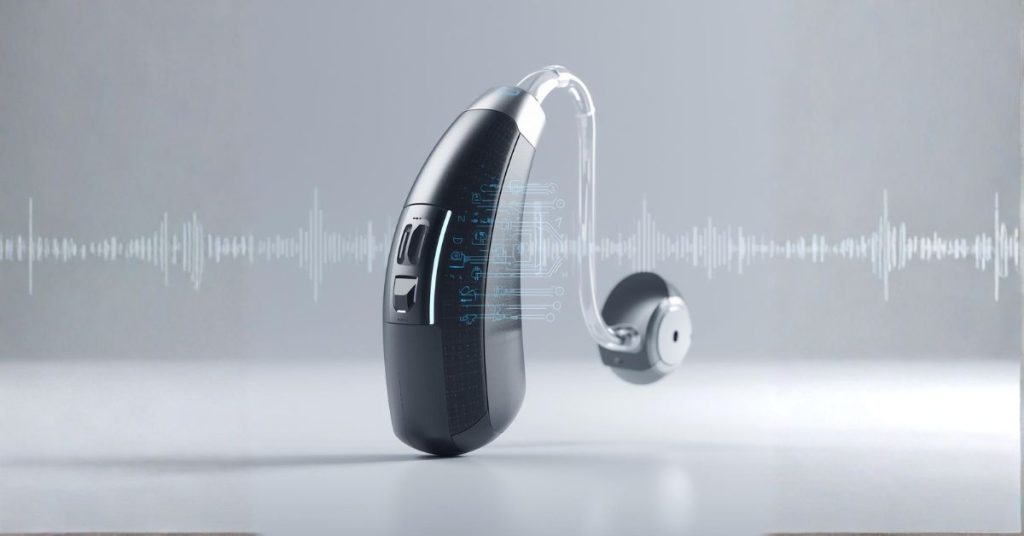 AI hearing aids shown with modern technology features and sound-processing graphics