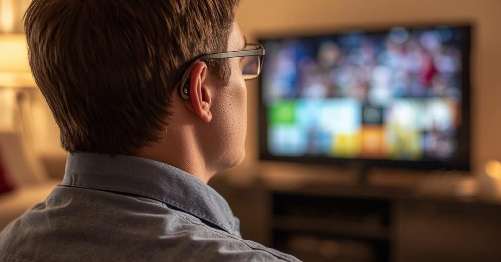 Senior woman using assistive technology to watch TV