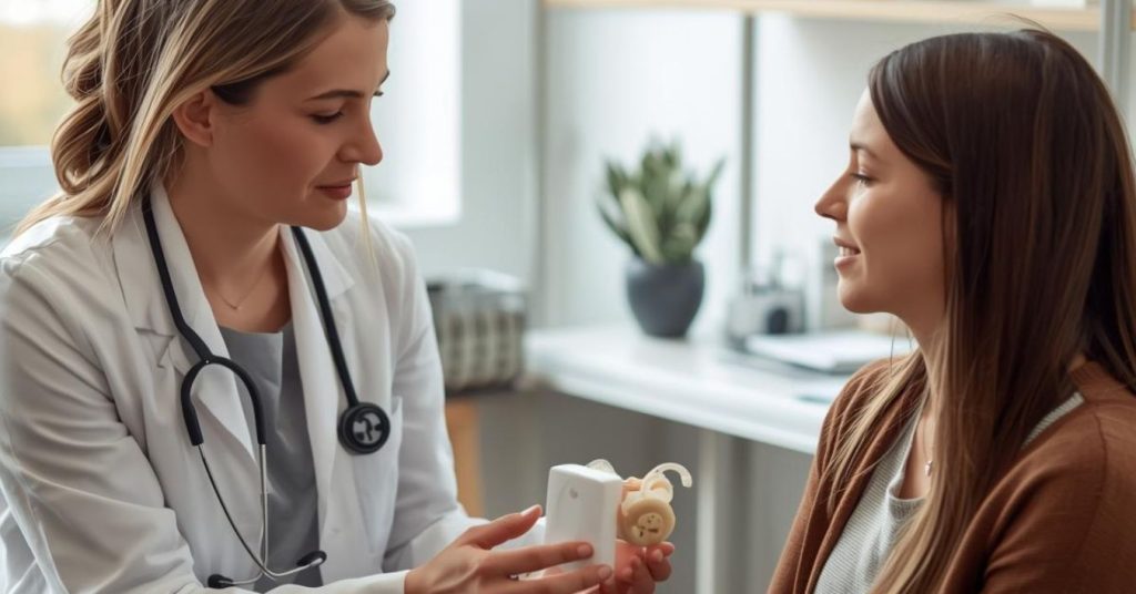Cochlear implant being explained to patient