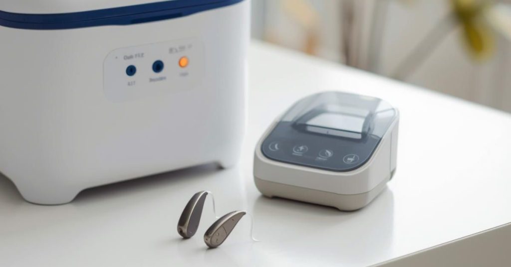 Hearing aids being safely dried using a hearing aid dehumidifier