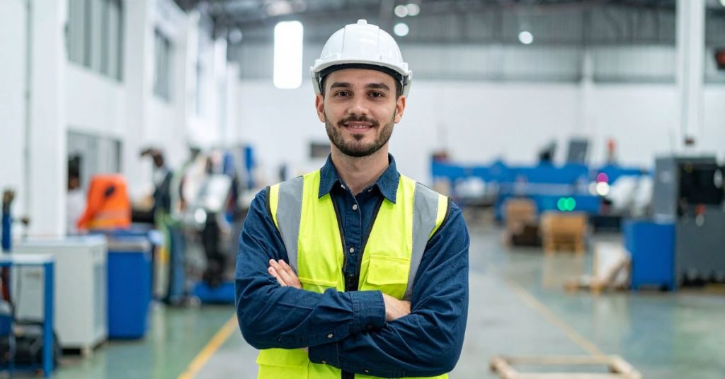 Employees using hearing protection in a noisy workplace