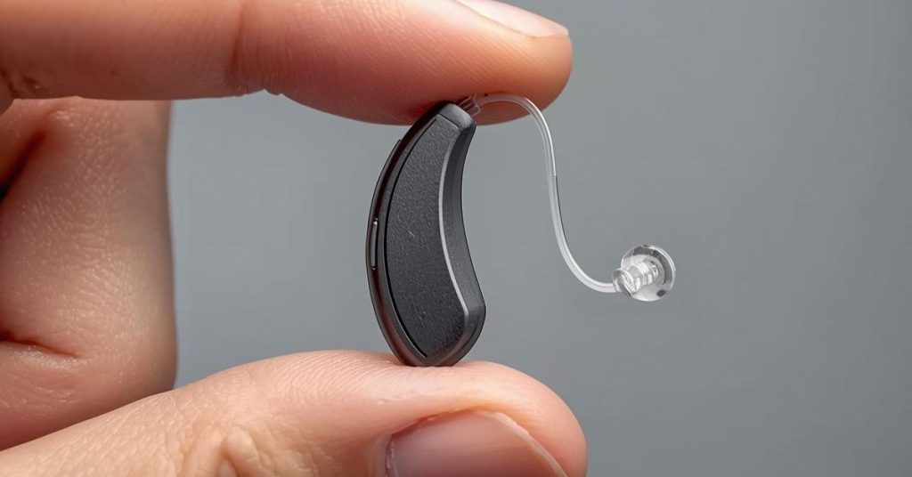 Invisible hearing aid being inserted into the ear canal