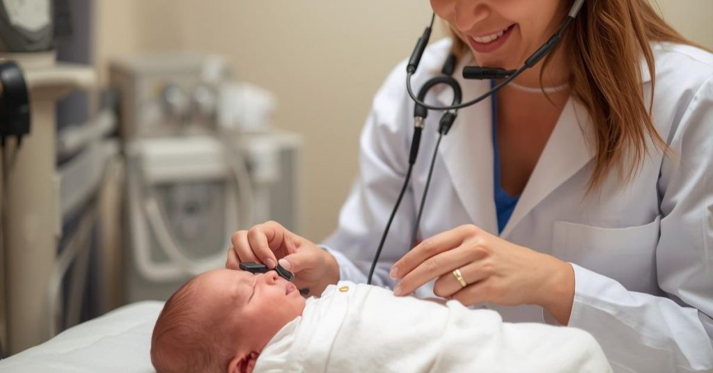 Newborn hearing screening test with a pediatric audiologist