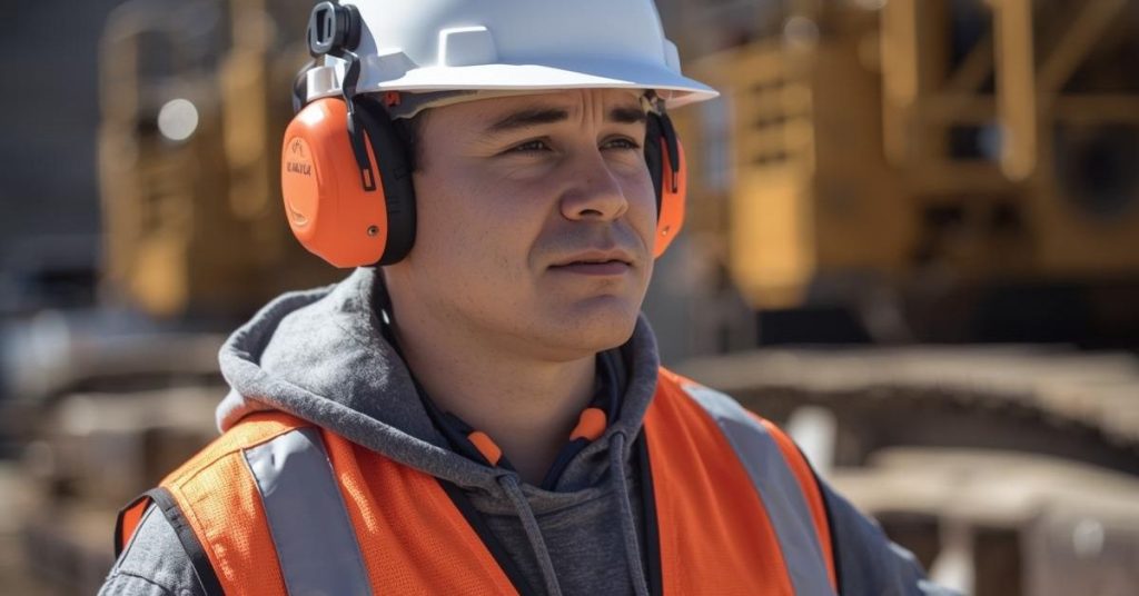 Worker using hearing protection PPE in a noisy environment