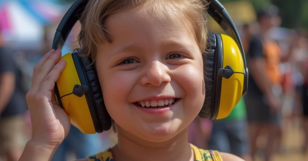Child wearing ear defenders at a loud outdoor event