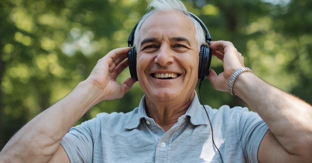 Senior adult protecting hearing with earplugs