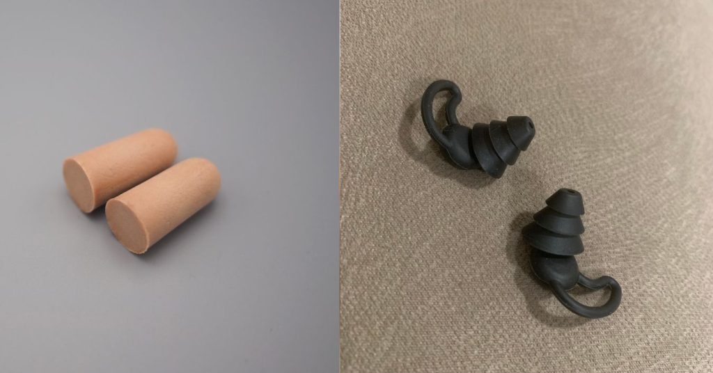 Reusable and disposable earplugs shown side by side