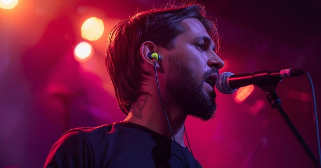 Music lover wearing earplugs and enjoying music safely