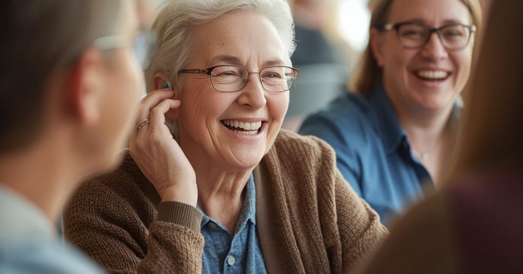 Older adult using hearing aid and smartphone for communication.
